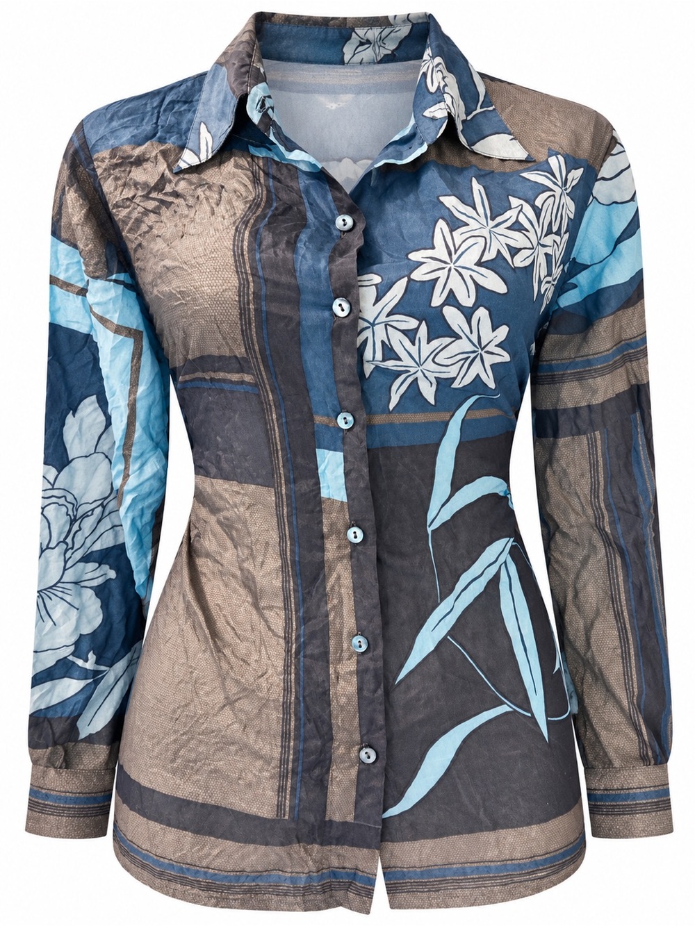 Devernois 100% Silk Blue Floral Button Up Blouse FR 44 (XL)